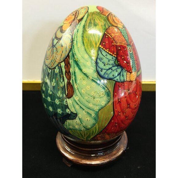 Vintage Russian Painted Lacquered Wooden Egg Folk Art with Stand 6'' Tall - Picture 7 of 14